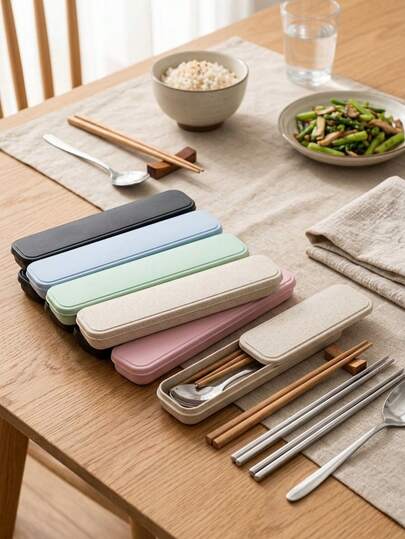 1/4pcs Wheat Straw Cutlery Box, Portable Cutlery Set With Nail File, Makeup Brush, Knife, Fork, Spoon, Chopsticks, Pencil Box With Lid, Storage Box / White Candle, Red Candle, Home Blackout Emergency Lighting Candle, Lasting 3-4 Hours, Indoor Long Handle Candle