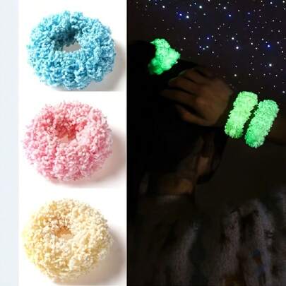 Soft Plush Hair Scrunchies, Luminous Hair Accessories, Elastic Thick Hair Ties, Stretchable, Ideal As Camping Gift For Women. These Glow-In-The-Dark Hair Accessories Are Perfect As Sleepover Party Gifts And Supplies