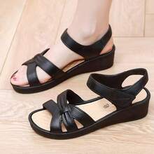 Women's Summer Sandals - Casual Solid Color, Breathable Hollow Design, Hook And Loop Closure, Flat Heel Beach Shoes, Multifunctional Flat Sandals | Comfortable Fit - Black - View 5