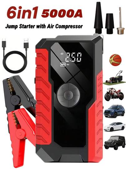 10000A 7-In-1 Multifunctional Emergency Jump Starter With Air Compressor, 150PSI Portable Car Battery Booster, Digital Tire Inflator, Suitable For 2.64 Gallon Gasoline Battery, LED Emergency Light, Car Emergency Tool