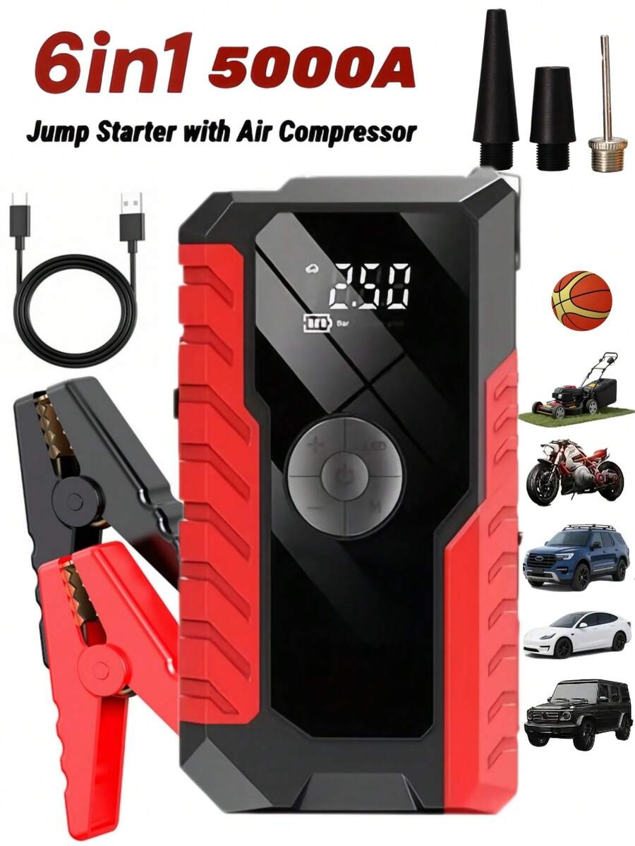 10000A 7-In-1 Multifunctional Emergency Jump Starter With Air Compressor, 150PSI Portable Car Battery Booster, Digital Tire Inflator, Suitable For 2.64 Gallon Gasoline Battery, LED Emergency Light, Car Emergency Tool