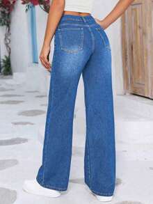 Jeans rectos holgados y casuales para mujer con bolsillos, pantalones vaqueros lavados simples, adecuados para el verano y también un artículo imprescindible para el otoño y la primavera - Azul medio - Ver 2