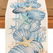 Mantel de 13x72 pulgadas con conchas marinas y estrellas de mar, mantel con tema de océano acuarela de estilo costero para verano, decoración de mesa de comedor para fiesta de playa en el hogar, cocina, restaurante, vacaciones - Multicolor - Ver 14