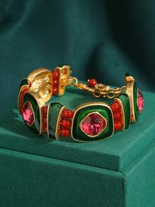 Bộ trang sức cổ điển bằng đồng mạ vàng 18K, kiểu dáng ngọt ngào, hình vuông, men xanh lá cây, đính đá thạch anh hồng. - Hồng - Xem 10