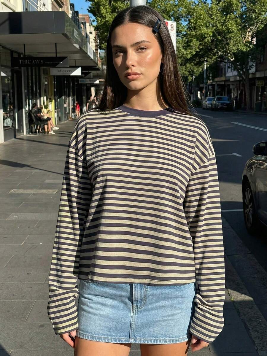 Women T-Shirt, Long Sleeve Crew Neck Loose Ladies Fall Casual Striped Top Streetwear - 黃條紋 - 查看 1