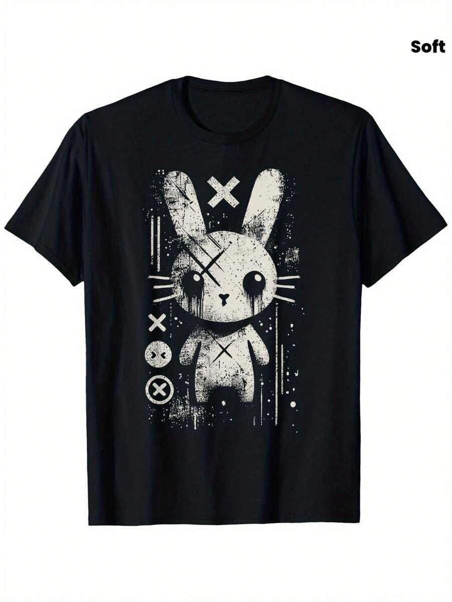Camiseta Estética Grunge de Conejo Gótico Kawaii - 100% Algodón 180gsm Suave Unisex para Hombres y Mujeres, Tallas S-XXL, - Negro - Ver 1