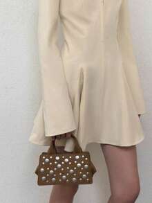 1pc Women's Top Handle Bag, Designer Bag With Metal Rivet Decor, Elongated Zipper Closure Shoulder Bag With Detachable Strap, Interior Pocket, Suitable For Travel, Outdoor, Commute And Daily Use, Durable Handle, Fashion Accessory, New Style Woven Tote Bag, Fashion Wallet, Square Bag, Gift, Shopping Bag, Cosmetic Storage - Camel - View 6