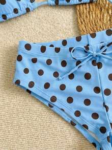 Nuevo conjunto de bikini con estampado de lunares sexy, espalda descubierta y lazo, con tirantes de espagueti para playa y piscina en vacaciones - Celeste - Ver 4