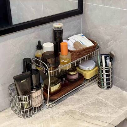 Organizador de baño de acero inoxidable, estantería de ducha de doble capa, soporte para cepillos de dientes, soporte para brochas de maquillaje, estantería de almacenamiento de cosméticos, estantería para especias para baño, cocina, multiusos