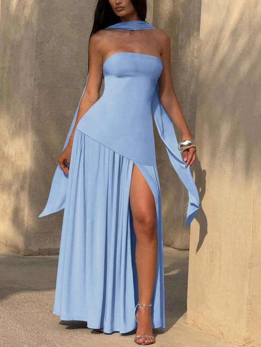 Vestido elegante y sexy de unicolor con abertura para fiesta, vacaciones y boda, color verde oscuro para primavera - Azul - Ver 1