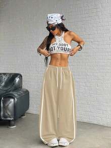 HypeZone Pantalones deportivos casuales de pierna ancha con cintura con cordón - Caqui - Ver 2