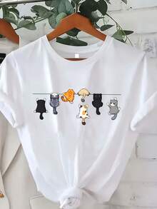 Camiseta de Mujer con Estampado de Letras de Dibujos Animados, Estilo Casual Holgado - Blanco - Ver 1