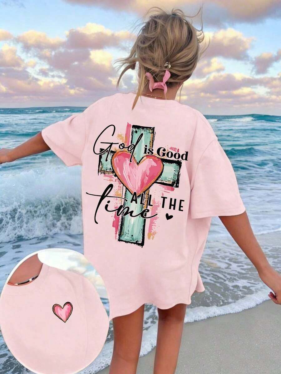 Lightweight Summer T-Shirt With Hand-Drawn Lettering And Cross Print, Christian Religious T-Shirt With The Phrase "God Is Always Good", Casual Short Sleeve Crew Neck Faith Clothing, White - 粉色 - 查看 1