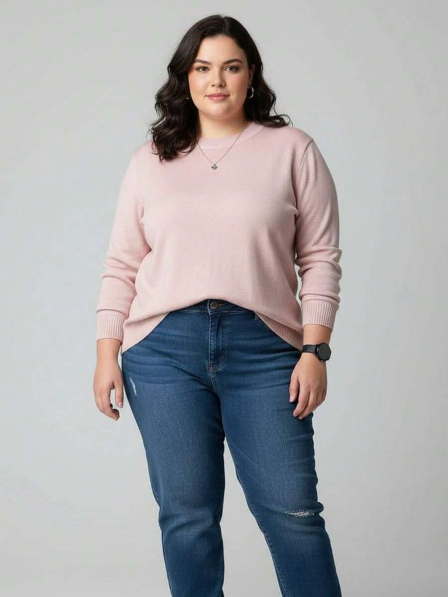 Vivi Women's Plus Size Wool Sweater For Cold Weather, Basic Knit, Long Sleeve - 乾枯玫瑰色 - 查看 1