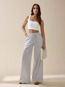 Tall Pantalones largos de mujer casuales de uso diario con estampado a rayas y estampados para primavera/verano - Blanco - Ver 5