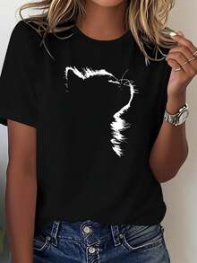 Conjunto artístico minimalista de 1 pieza, estampado con silueta de gato, camiseta casual de moda para mujer de talla grande con cuello redondo para primavera-verano, 180g 100% algodón. - Negro - Ver 1