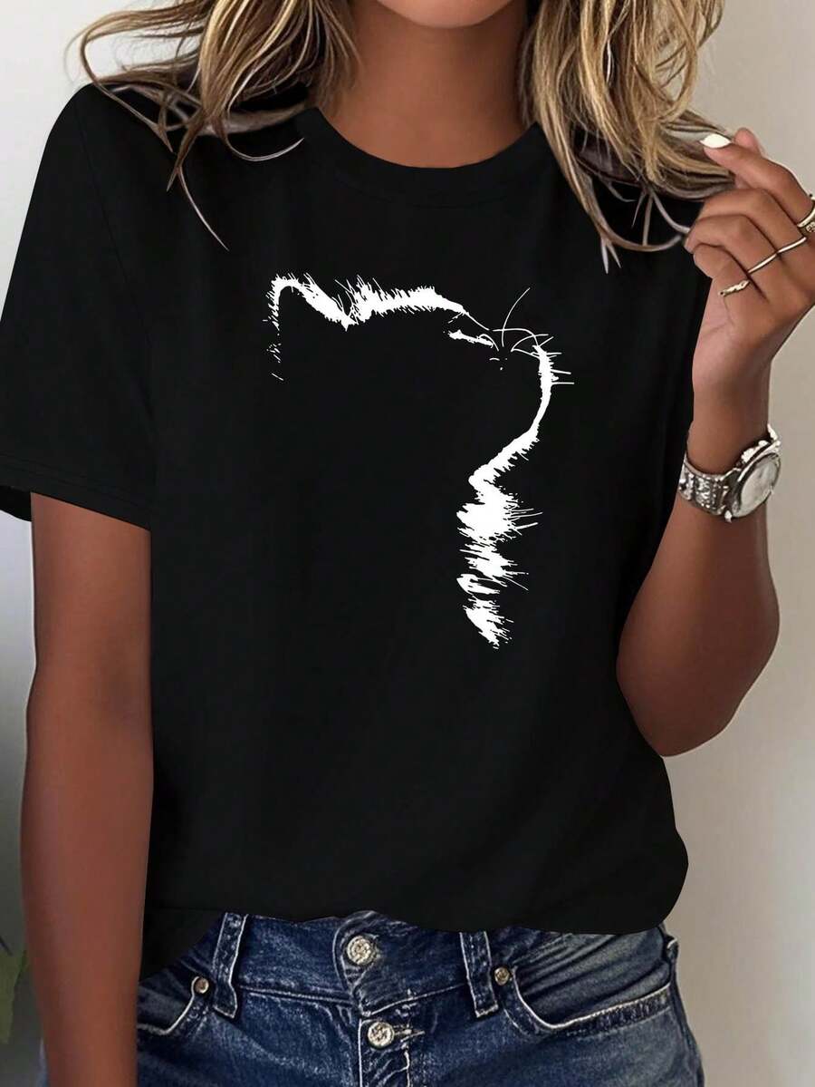 Conjunto artístico minimalista de 1 pieza, estampado con silueta de gato, camiseta casual de moda para mujer de talla grande con cuello redondo para primavera-verano, 180g 100% algodón. - Negro - Ver 1