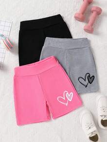 Set de 3 pantalones cortos con patrón de corazón sencillo para niña joven - Multicolor - Ver 1