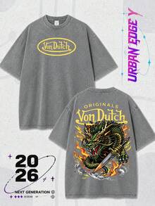 Men Washed Cotton Streetwear Brand Originals Vons Dutchs Snake And Clover Print Casual Tee For Daily Wear Outdoors | Front And Back Print | Vintage Heavyweight T Shirt | Perfect Gift | Loose Comfortable Breathable | Machine Washable Fabric | Hip Hop Cool Style | Drippy Clothes | Y2K - 灰色 - 查看 1