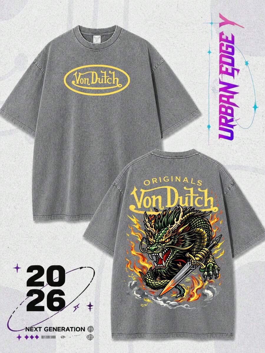 Men Washed Cotton Streetwear Brand Originals Vons Dutchs Snake And Clover Print Casual Tee For Daily Wear Outdoors | Front And Back Print | Vintage Heavyweight T Shirt | Perfect Gift | Loose Comfortable Breathable | Machine Washable Fabric | Hip Hop Cool Style | Drippy Clothes | Y2K - 灰色 - 查看 1