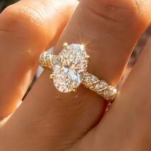Nhẫn đính hôn hình oval mạ vàng 18K đính đá Zirconia, trang sức cao cấp dành cho nữ. - Vàng - Xem 2