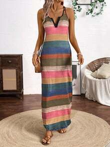 Vestido largo de tirantes de mujer con rayas verticales y colores variados - Multicolor - Ver 5
