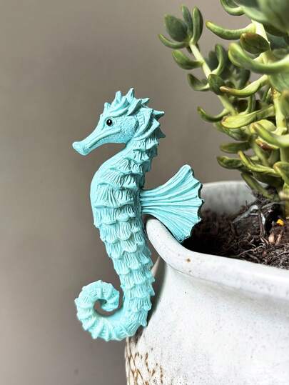 Light Blue Seahorse Plant Pot Edge Ornament, Realistic Resin Seahorse Statue, Cute Pot Hugger Decoration For Balcony Yard Home Garden, Ocean Animal Figurine