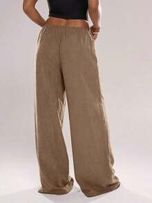 Pantalones casuales de uso diario de unicolor con cordón en la cintura para mujeres - Marrón - Ver 4