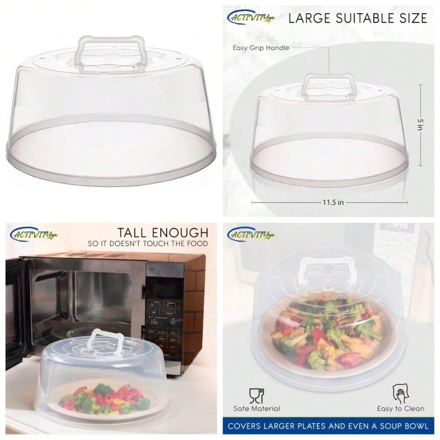 Large Microwave Cover For Food - Splatter Guard Lid - Cake Stand Cover - Size 11.5 In X 5 In Tall - Easy Grip Handle With Steam Vented Holes -  Free & Dishwasher  | Clear Plastic - 1 - View 1