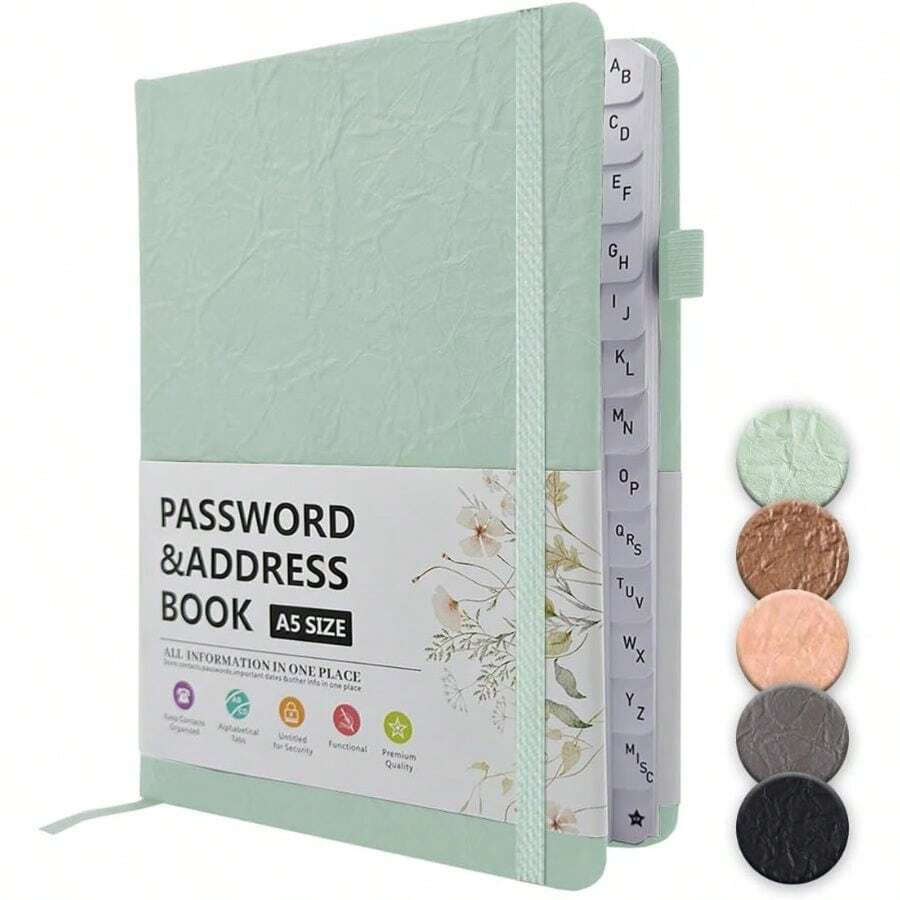 Password Book With Alphabetic Tabs, Address Book B6 With Index A-Z Passwords Notebook Password Manager, Space For 480 Passwords, With Pen Loop, Inner Pocket, Elastic Band (13x 19 Cm, Green) Adults World Book Day - Green - View 1