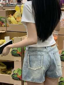 灰色不對稱休閒女款短袖T恤 白色夏季 - 白色 - 查看 4