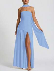 Vestido elegante y sexy de unicolor con abertura para fiesta, vacaciones y boda, color verde oscuro para primavera - Azul - Ver 3