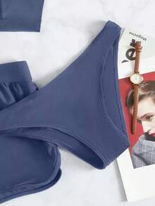 5HZN  Swim Conjunto de 3 piezas de bikini de unicolor con parte superior de cuello halter en V y Bottom triangular y braguitas para primavera/verano 2026 - Niebla azul - Ver 6