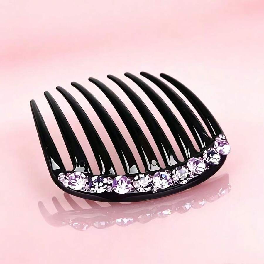 1pc Premium Crystal Rhinestone 9-Tooth Hair Comb, Bangs Hair Clip, Hair Accessory,Travel,Birthday - Purple - View 1