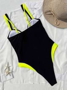 SNLD Traje de baño de una pieza con bloques de color en escote en V para mujer. Esquema de color clásico, diseño minimalista y elegante, ideal para looks de vacaciones a la moda. - Amarillo 2 - Ver 3