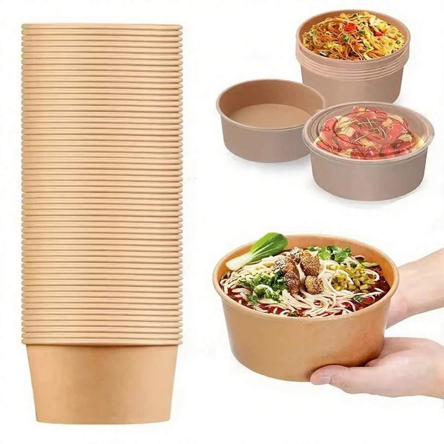 Tazones Redondos de Papel Kraft Desechables para Almuerzo, Caja Bento con Tapas, Contenedor para Preparación de Comidas, Tazones para Ensaladas y Fideos, Caja para Frituras y Comida Rápida para Fiestas - 500 ml - 17 oz - Ver 1