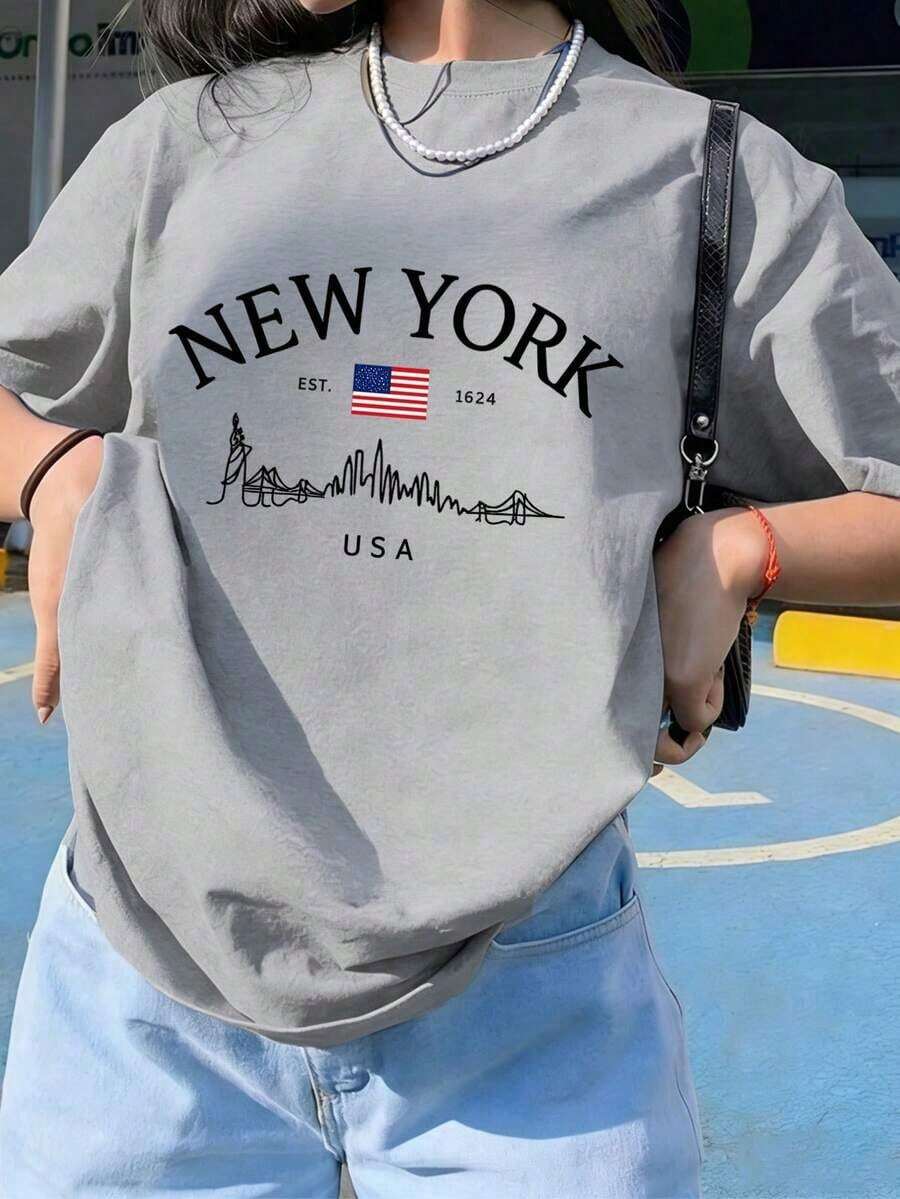 Women's Summer T-Shirt, New Fashion, Simple Slogan Print, Casual Vacation Style, Loose Fit, Round Neck, Short Sleeves. Blouse For Everyday Wear And Vacations. Women's T-Shirt. - 淺灰色 - 查看 1