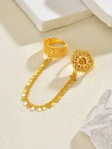 1pc Adjustable Flower Chain Connected Finger Ring, Luxury Copper Gold Plated, Suitable For Women Wedding Party Accessories - Yellow Gold - View 7