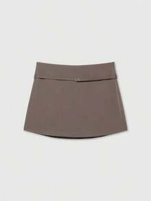 Falda pantalón negra de unicolor minimalista para uso casual, oficina y viajes, con hebilla y cinturón, para verano - Café integral - Ver 6
