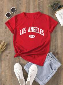 Camiseta de manga corta con estampado de letras para mujer , camiseta estampada, top de mujer 100% algodón - rojo - Ver 4