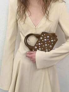 1pc Women's Top Handle Bag, Designer Bag With Metal Rivet Decor, Elongated Zipper Closure Shoulder Bag With Detachable Strap, Interior Pocket, Suitable For Travel, Outdoor, Commute And Daily Use, Durable Handle, Fashion Accessory, New Style Woven Tote Bag, Fashion Wallet, Square Bag, Gift, Shopping Bag, Cosmetic Storage - Camel - View 2