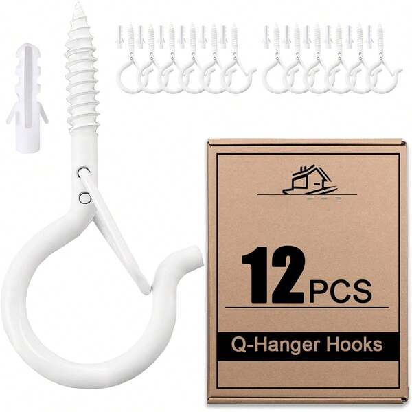12 PCS Q Hanger Hooks With Safety Buckle, Windproof Screw Hooks For Hanging Outdoor String Lights, Plants, Christmas Patio Lights, 2.2 Inches, White