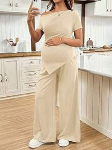 2 piezas Conjunto de top asimétrico y pantalones de unicolor casual de maternidad, verano - Beis - Ver 3