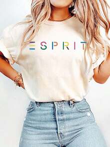 Camiseta Casual de Manga Corta con Cuello Redondo y Estampado de Letras Coloridas para Mujer, Blanca, Verano, 100% Algodón - Albaricoque - Ver 6