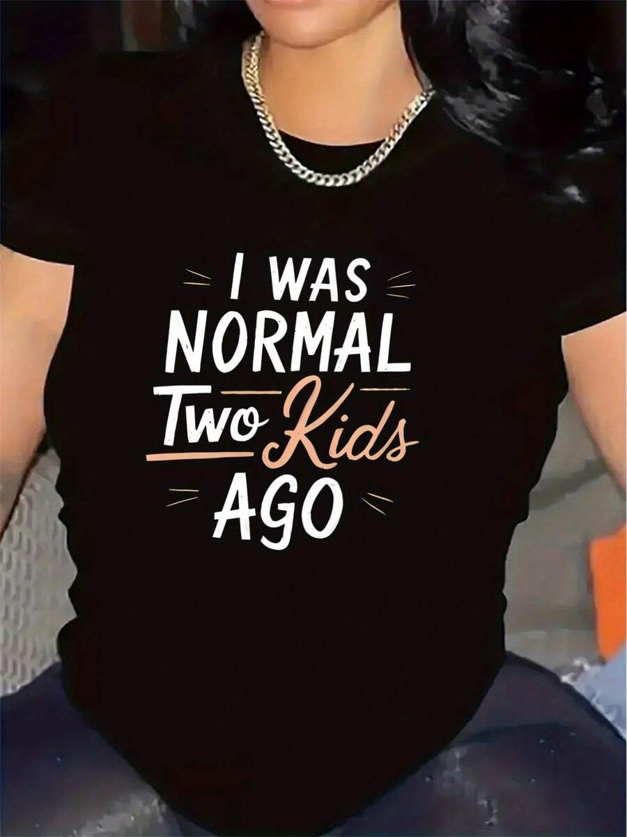 Camiseta de Poliéster con Estampado "Era Normal Hace Dos", Ideal para Uso en la Sala de Estar, Tela Duradera y Cómoda, Regalo Perfecto para Atuendos Informales, Diseño Estiloso para Ambientes Informales - Negro - Ver 1