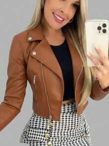 Premium Faux Leather Motorcycle Jacket With Asymmetrical Zipper, Impeccable Finish, Short, Fitted Jacket, Modern And Elegant Biker Style, High-Quality Faux Leather Jacket With Structured Collar, Metal Buttons, Front Zipper Detail, Powerful Look, Versatile Jacket For Day And Night, Perfect Fit, Silhouette-Flavoring Design, Stylish Jacket For Cold Weather, Lightweight And Comfortable, Fashionable, Casual And Chic Women's Jacket, Winter And Autumn Fashion, Sophisticated Urban Look, Jacket With Functional Pocket, Exclusive Design, Black, Brown And Caramel Jacket, Sizes S, M, L, XL, Soft, Durable Leather Jacket, Doesn't Peel, Blogger/Influencer Look, European Style, Wardrobe Essential, Modern And Elegant Outfit, Short Jacket With Slim Cut, Perfect Body Fit, Premium Clothing, High Durability, Women's Biker Jacket, Luxury, Comfortable, Timeless, Refined Style, June Festival - Lạc đà - Xem 5