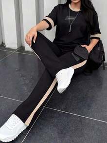 2 piezas Conjunto de camiseta de manga corta de cuello redondo y pantalones sueltos de cintura elástica para mujer, para uso diario casual y elegante en primavera/otoño - Negro + Albaricoque - Ver 9