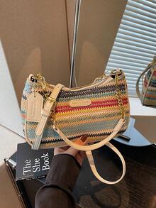 New Fashionable & Elegant Multi-Color Striped Pattern Underarm Bag With Metal Chain Handle, Women's Shoulder Bag - Multicolor - View 2