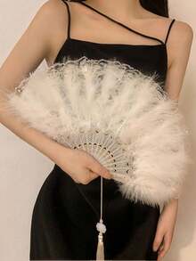 1 pieza Abanico de plumas vintage de 20s, abanico de mano plegable para disfraces, actuaciones de baile, fiestas de té, decoración de bodas - Blanco - Ver 5