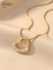 Hihho 1 pièce Collier pendentif cœur creux pour femmes, chaîne serpent élégante de luxe en ton or et argent, convient pour le trajet, les rendez-vous, les fêtes et plus d'occasions - Coeur creux - Voir 4